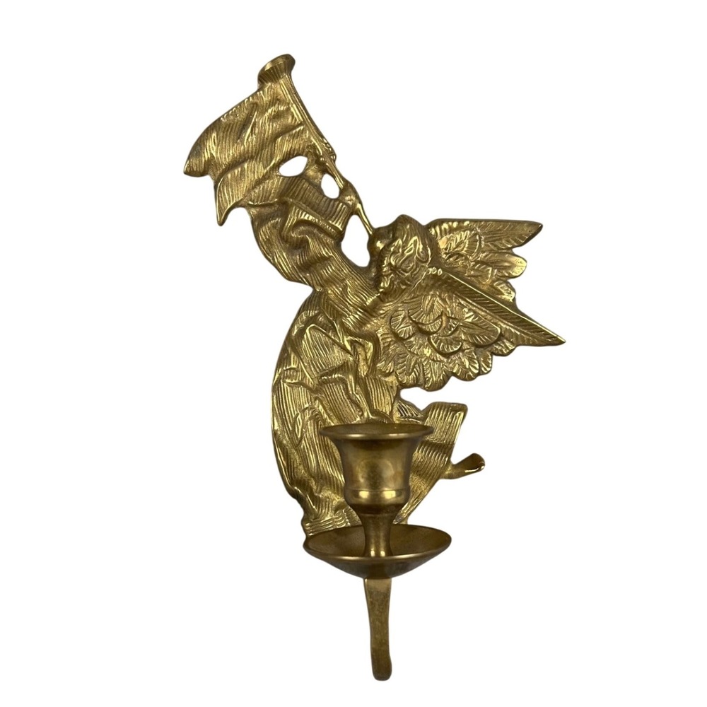Vintage Brass Angel Wall Sconce Candle‎ Holder Trumpet India Gold Tone 9.5 Inch